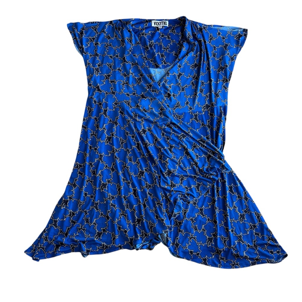 Vicky Tiel Women’s Royal Blue Leaf Print Short Sleeve Size 2X Wrap Dress
